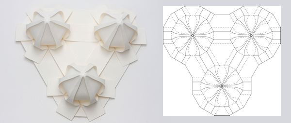 軸対称な立体折り紙の連結の画像と展開図のイメージ